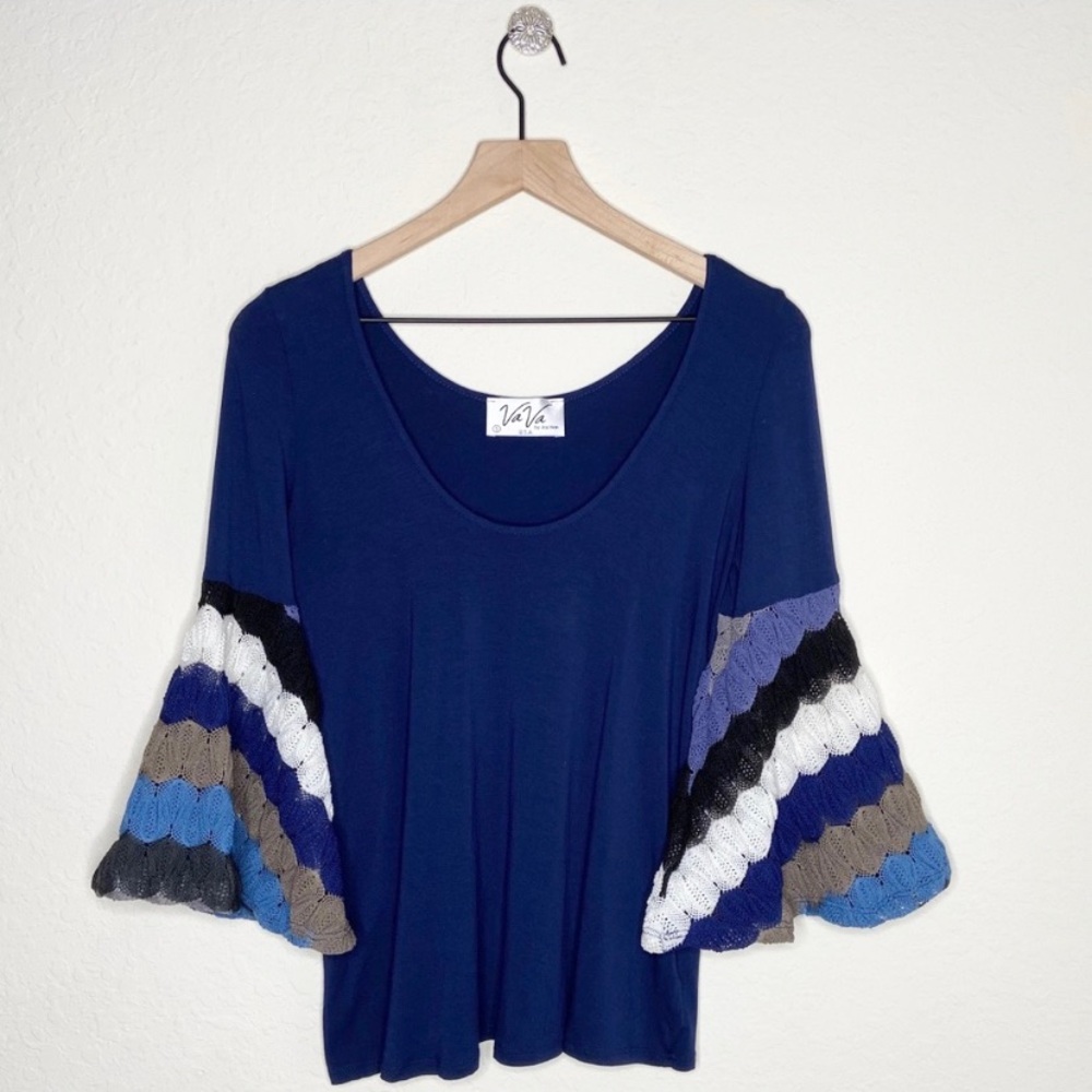 VAVA by Joy Han Navy Knit Stripe Bell Sleeve Top